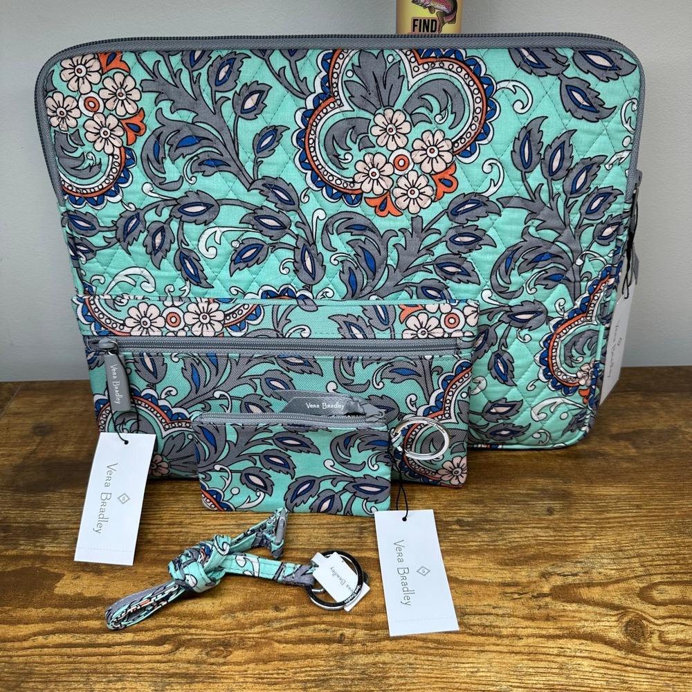 Vera Bradley Mint Flowers 4pc Set Laptop Sleeve Pencil Pouch ID Case Lanyard NEW